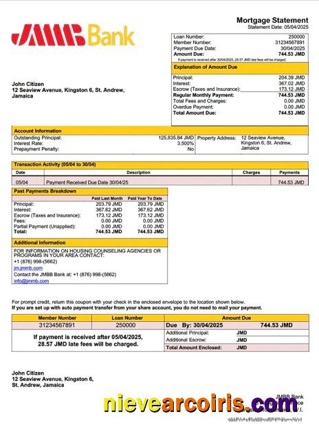 Jamaica JMMB Bank Limited mortgage statement Word and PDF template